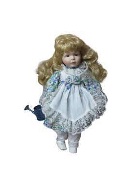 Victorian Blonde Hair Porcelain Doll - 16" Holding  Watering Can - ISC-017